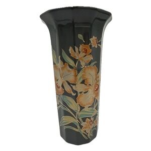 Vintage Japan Gray Floral Vase‎ Gold Trim Kutani Style Hexagon Base 9"